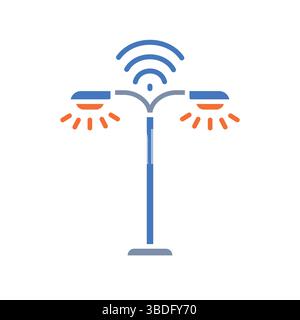 Street lighting management color flat icon. Vector isolated element. Editable stroke. Stock Vector