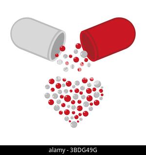 Capsule with Heart Shaped Granules Vector Illustration. A vector illustration of an open red and gray capsule, with red and gray spherical granules. Stock Vector