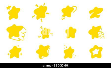 Vector set of hand-drawn yellow stars on white background. Doodle-style stars painted by hand, perfect for creative designs, kids’ projects, stickers, Stock Vector