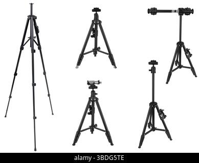 Classic camera tripod on a white background. Sturdy design for stable shooting in all conditions. Stock Photo