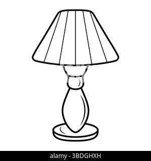 Table Lamp Outline Vector Illustration. The image is a black and white outline drawing of a table lamp. The lamp features a wide, flared lampshade. Stock Vector