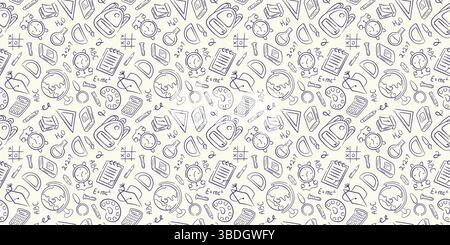 Back to school background in doodle style. Education, science concept seamless pattern with school supplies notebook, globe, calculator, calendar Stock Vector