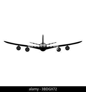 Silhouette of an Airplane in Flight. This is a black silhouette vector illustration of an airplane viewed from the front. The plane has four engines. Stock Vector