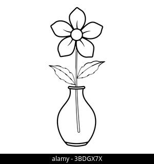 Flower in a Vase Outline Vector Illustration. The flower has five rounded petals surrounding a circular center. Stock Vector