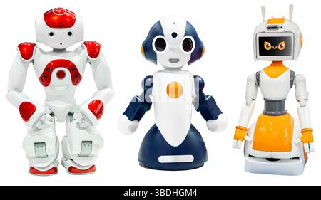 AI small red robot with human face and body isolated on white background. Humanoid. Artificial Intelligence. Stock Photo