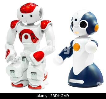 AI small red robot with human face and body isolated on white background. Humanoid. Artificial Intelligence. Stock Photo