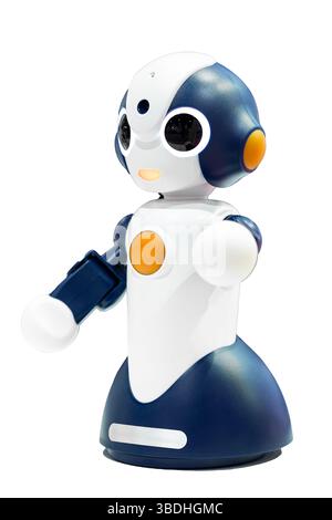 AI small red robot with human face and body isolated on white background. Humanoid. Artificial Intelligence. Stock Photo