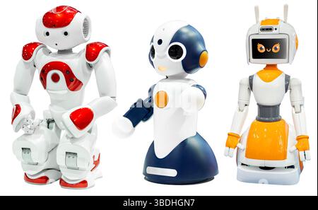 AI small red robot with human face and body isolated on white background. Humanoid. Artificial Intelligence. Stock Photo