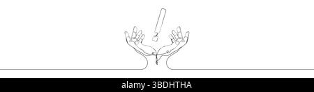 One line Exclamation mark hand icon vector background. Exclamation mark with hands icon. Continuous outline of a Stock Vector