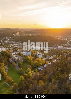 City view with forest in the background at sunset, quiet and peaceful atmosphere, Nagold, Black Forest, Germany, Europe Stock Photo