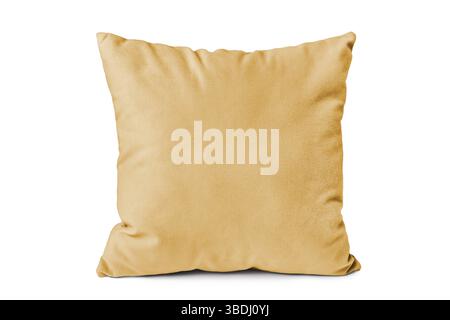 Decorative yellow velvet rectangular pillow for sleeping and resting isolated on white background. Cushion for home interior decor, pillowcase mockup, Stock Photo