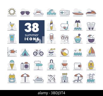 Summer vector isolated icons set. Summertime sign. Graph symbol for travel and tourism web site and apps design, logo, app, UI Stock Vector