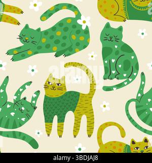 Whimsical Cat Cute Pet Seamless Floral Pattern Background Vector Daisy Flower Flat Quirky Dreamy Green Animal Wallpaper Stock Vector