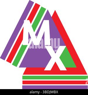 MX Letters Vector, Purple Red Green Striped Triangle Logo, Modern Geometric Abstract Art Illustration Stock Vector