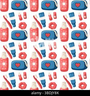 Seamless pattern with sunscreen, toiletries and travel pouch. Cartoon vector illustration on white background Stock Vector