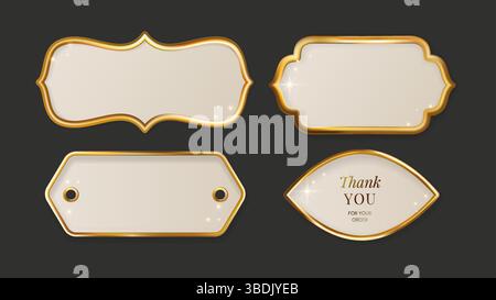 Frame Golden Gold Luxury Metal Royal 3d Tag Border Shape Holiday Arabic Ornament Label Set Traditional Invitation Emblem Collection Stock Vector