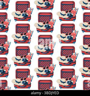 Cartoon red suitcase with summer accessories and travel documents. Vector isolated illustration on white background Stock Vector