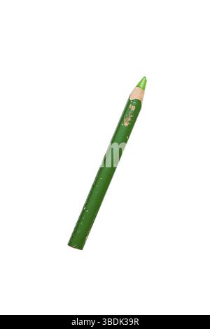 Old used short green crayon pencil, isolated on white Stock Photo