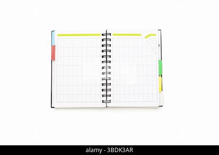 Open blank personal organizer with binder, isolated on white Stock Photo