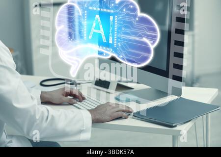 Doctor using computer with AI virtual screen at table, closeup. Artificial intelligence in medicine Stock Photo