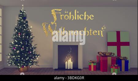 German words Merry Christmas in gold glitter with a Christmas tree and gift boxes in a room, 3d rendering Stock Photo