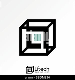 Logo design graphic concept creative premium vector stock image top sell 3D box square center initial L font virtual fantasy neon futuristic animation Stock Vector