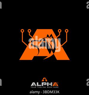Logo design graphic concept creative premium vector stock image top sell initial A font head dog wolf animal wild dot tech fox predator alpha monogram Stock Vector