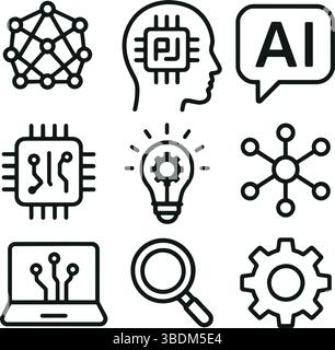 Artificial Intelligence Icons Set Neural Network Microchip AI Technology Gear Search Stock Vector