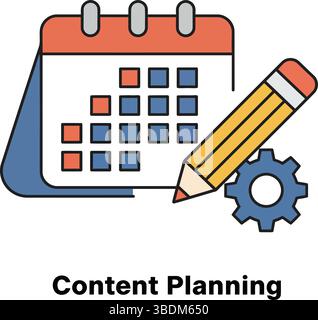 Content Planning Concept with Calendar, Pencil, and Gear Icon Stock Vector