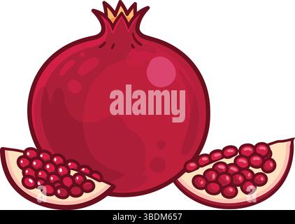 Cartoon Illustration of a Whole Pomegranate and Two Pomegranate Halves Stock Vector