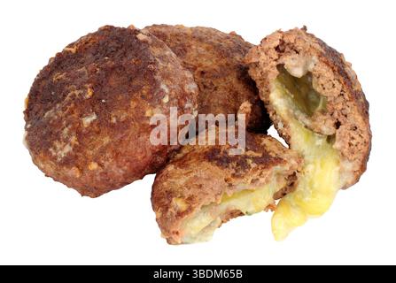 Grilled cheese filled beef burgers isolated on a white background Stock Photo