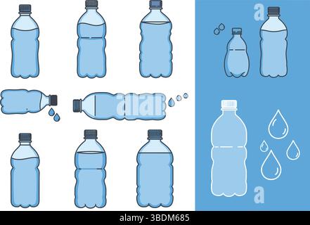 Water Bottle Illustrations – Various Shapes, Positions, and States Stock Vector