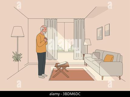 Elderly Man Praying in a Cozy Living Room Stock Vector