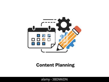 Content Planning Concept with Calendar, Pencil, and Gear Icons Stock Vector