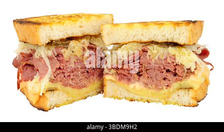 Pastrami Reuben style sandwiches with sauerkraut and melted Swiss cheese isolated on a white background Stock Photo