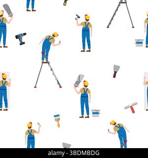 Seamless pattern construction workers uniforms repair on construction site Stock Vector