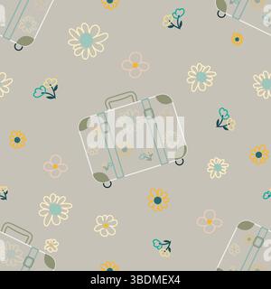 Outlined suitcase pattern with retro floral design Stock Vector
