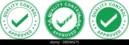 Set of three green quality control approved badges with checkmarks, used for certified product assurance and validation Stock Vector