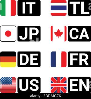 country flags with language and region codes including us, uk, jp, fr, de, ca, it shown in boxes Stock Vector