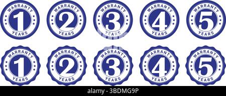 blue and white warranty years badge icons from 1 to 5 for quality assurance, guarantee, and product labels Stock Vector