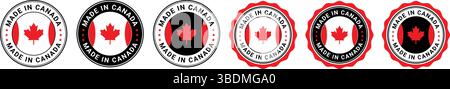 made in canada labels with red maple leaf icon in circular badge design used for product origin and national identity Stock Vector