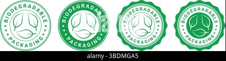 Four green biodegradable packaging badges with eco leaf icon and circular eco-friendly design Stock Vector