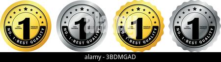 number one quality guarantee badges in gold and silver colors with bold text and round emblem design Stock Vector
