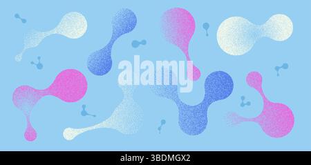 Organic colorful connection figures with grain noise gradient texture. Y2k retro stippling metaball molecule forms set. Nano biology icons on blue bac Stock Vector