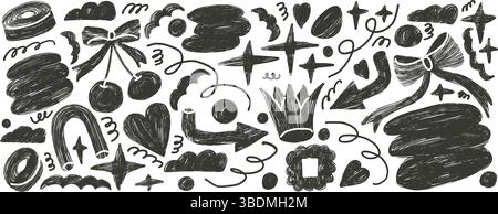 Abstract silhouette shapes charcoal drawn set. Naive black color doodle figures on white background. Crown, cherry, heart and geometric forms sketch l Stock Vector