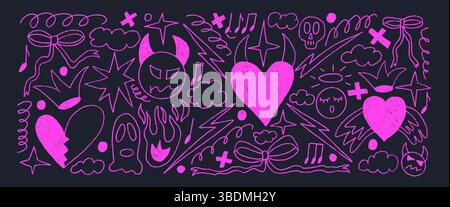 Neon breaking heart line doodles set. Devil and angels purple crayon drawn background. Scribble grunge elements. Hearts, bows, clouds and sketch shape Stock Vector