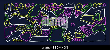 Geometric shapes line doodles set. Stars, crown, arrows vector figures by vibrant pencil Organic colorful playful stickers doodle on dark background. Stock Vector