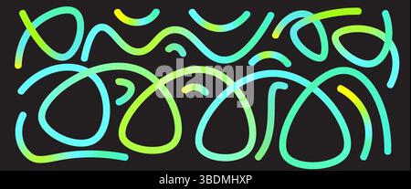 Colorful gradient loop and squiggle lines set. Wavy abstract long shapes collection. Decorative acid colors doodles. Vector swirls. Carnival gradation Stock Vector