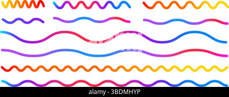 Colorful gradient wavy lines set. Scallop zigzag abstract shapes collection. Decorative doodles. Vector gradations strokes. Creative long straight pat Stock Vector