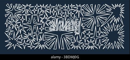 Hand drawn line art firework sparkle stars set. Space shine crayon shapes and blings pack. Comets and blinking on night sky. Vector illustration by pe Stock Vector